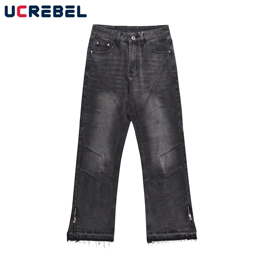 High Street Side Zipper Jeans Mens Loose Straight-leg Washed Retro Spliced Denim Pants Men