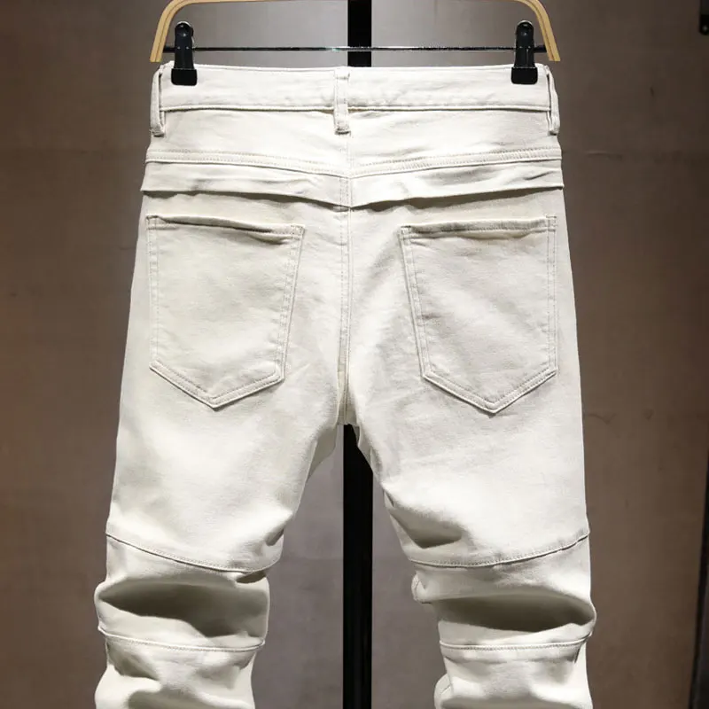 Street Designer Fashion Men Jeans Beige White Stretch Slim Fit Spliced Patched Denim Cargo Pants Hombre Y2K Hip Hop Biker Jeans