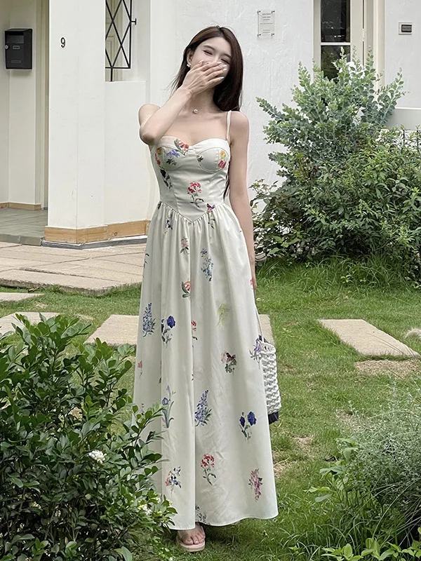 Vestido camisola de retazos florales Retro francés para mujer, falda acampanada de hada de estilo Pastoral elástico de verano, vestido plisado coreano Y2K