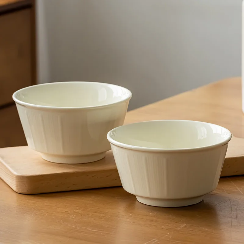

350ML Cream-colored Rice Bowl Household Ceramic Soup Bowls Ins Cute Oatmeal White Bowl Japanese Retro Simple Household Tableware
