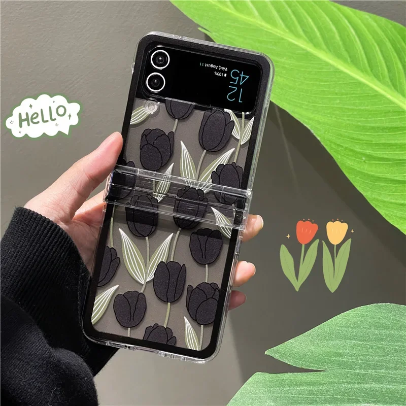 

Black Tulip Phone Case For Samsung Galaxy Z Flip 7 6 5 4 Protective Back Cover For ZFlip5 ZFlip6 ZFlip7 Case Shell
