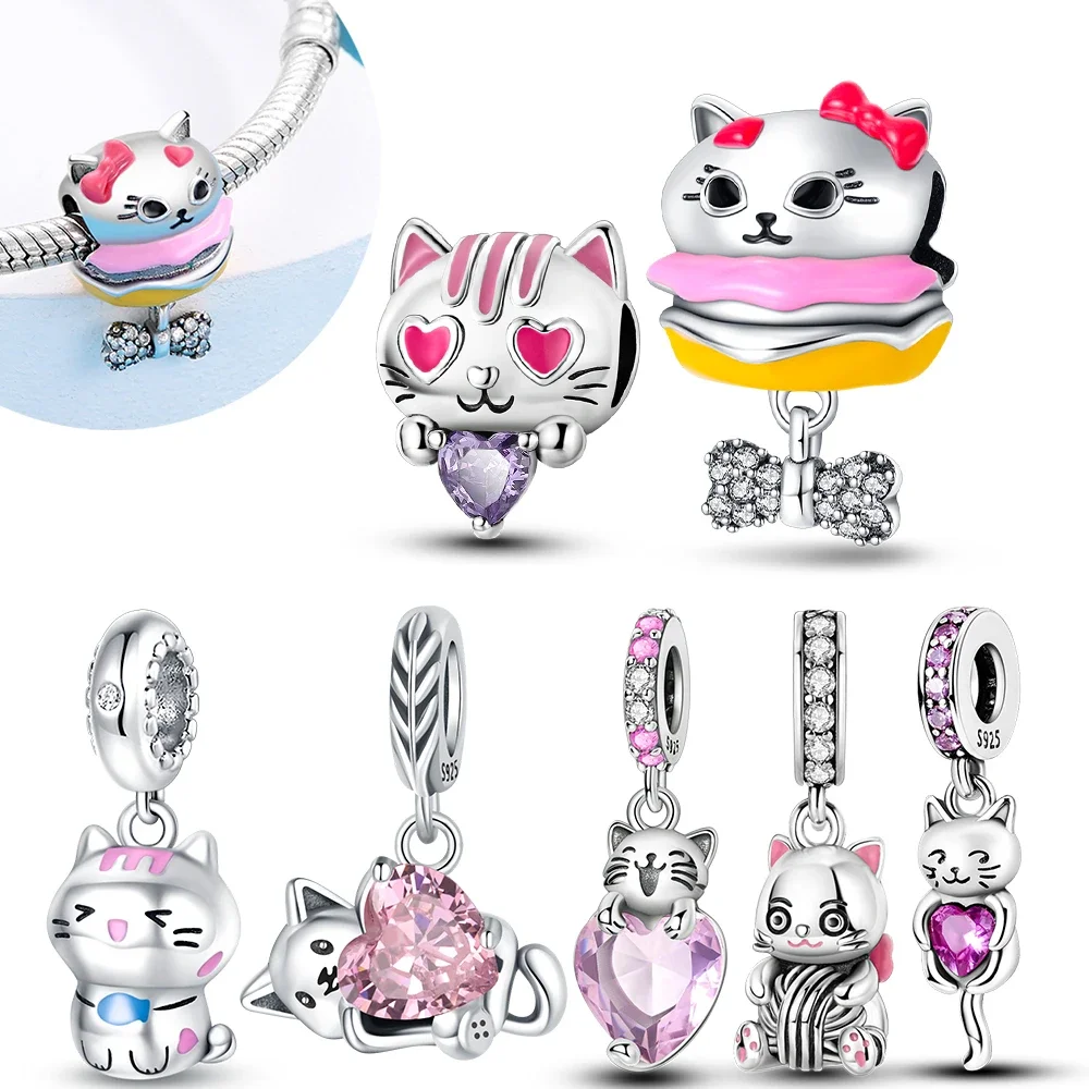 Charms 925 Sterling Silver Cute Animal Pet Series Cat Burger Love Fit Oryginalna bransoletka Pandora dla kobiet do tworzenia biżuterii Prezenty