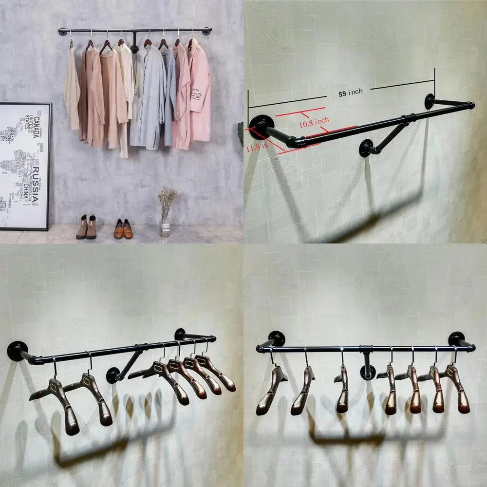 

Настенная промышленная вешалка для одежды, черная, 59 длинных x 11,8 глубины для розничной торговли и хранения в шкафу