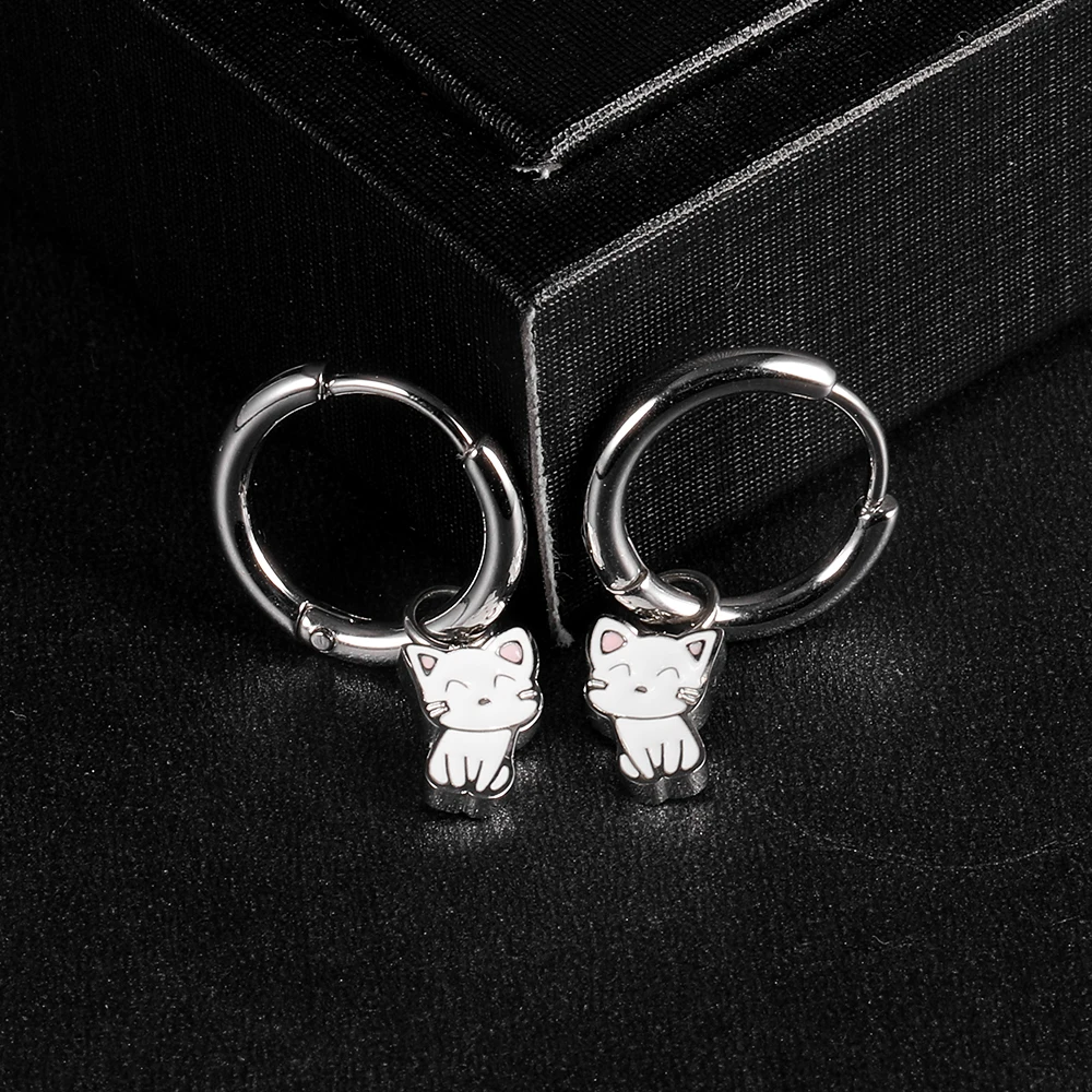 1 Pair of Stainless Steel Plain Ring Earrings With Cartoon Cute Cat Pendant Earrings and Earrings