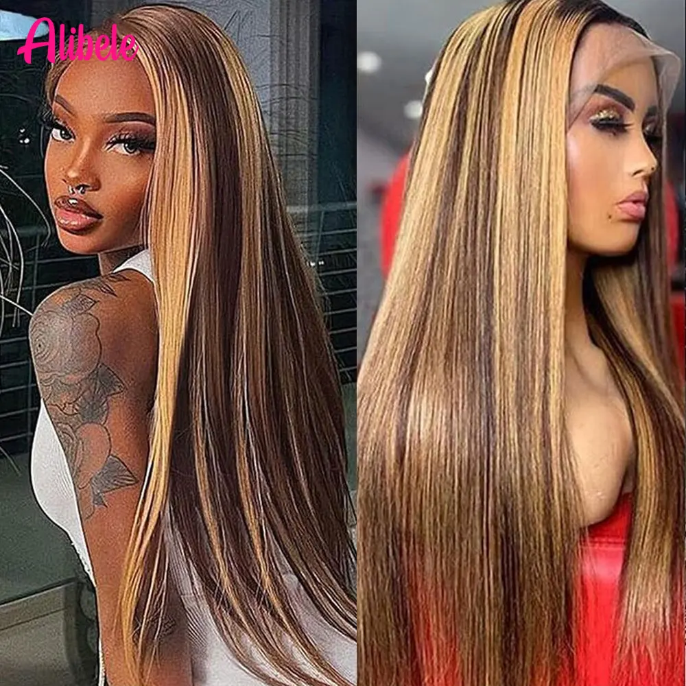 

12A Remy Human Hair Alibele P4/27 Highlight Lace Frontal Wig 13x4 Transparent Lace Front Wig For Women Ombre Colored Wig 30 Inch