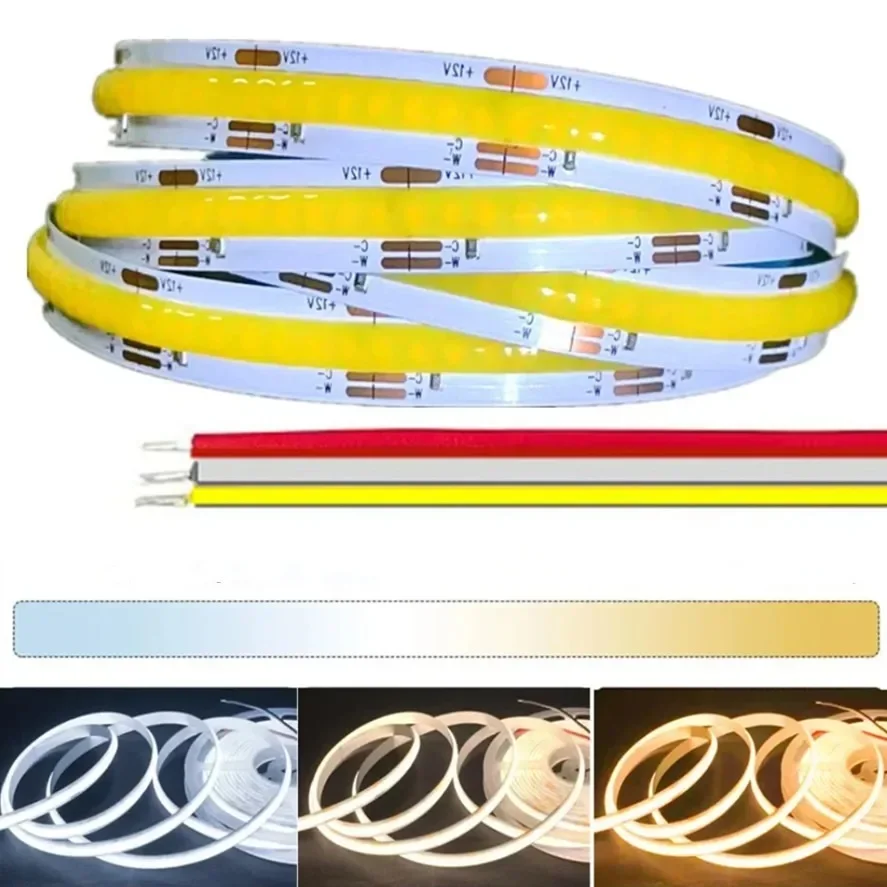 Tira de luces LED COB CCT de 608 LEDs/m DC12V/24V cinta Led FOB regulable Flexible de alta densidad 2700K a 6500K iluminación cambiable