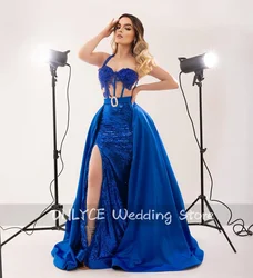 Sexy Royal Blue Evening Dresses 2023 Luxury Sparkle Sequin Beads Lace Mermaid Pageant Dress Side Split Long Prom Gowns