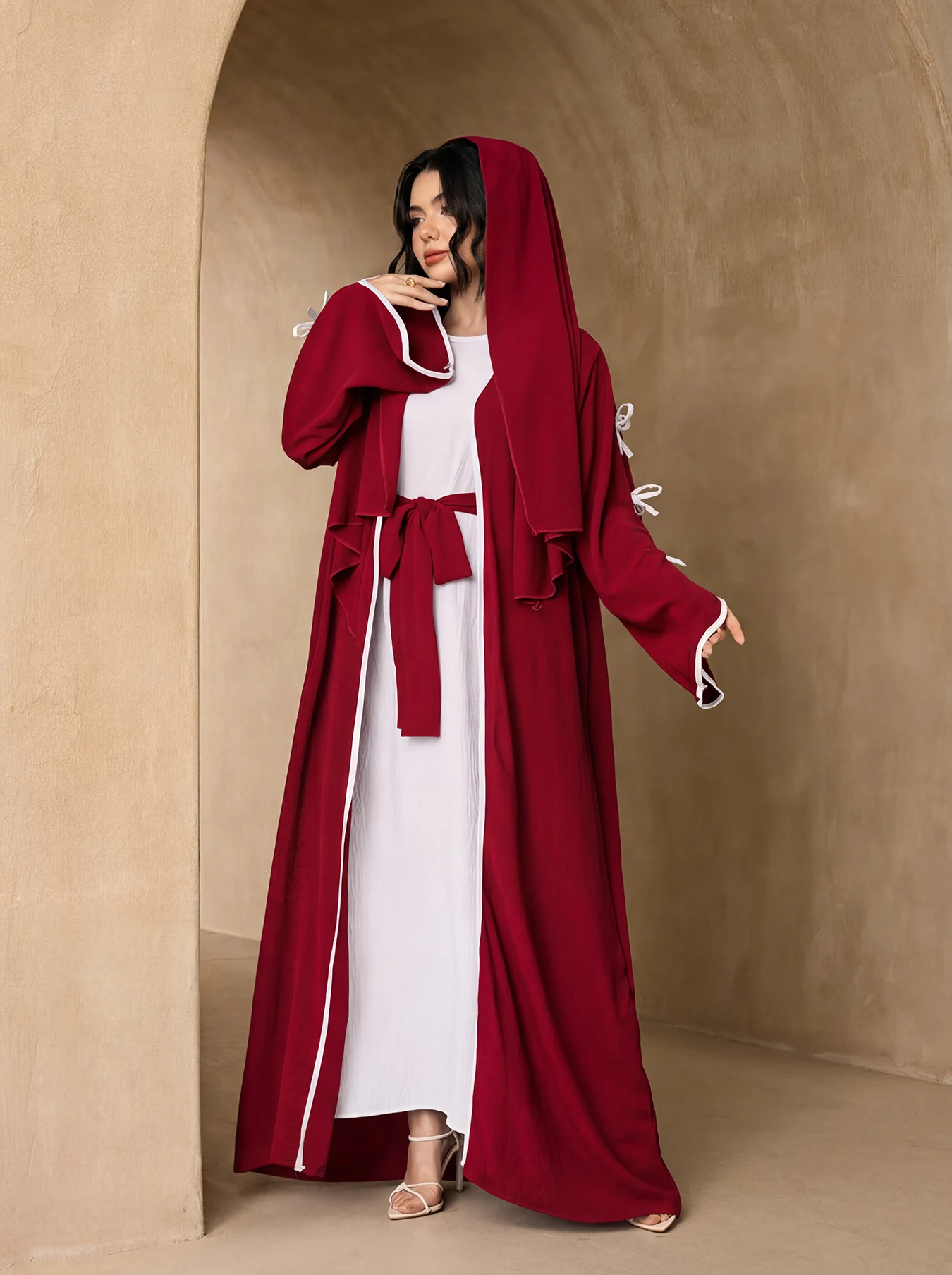 3 Piece White Trim Bow Open Abaya Set, Flare Sleeve Maxi Dress Matching Hijab Belt, Muslim Women Daily Eid Modest Outfit