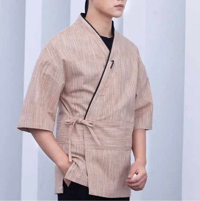 New Japanese Sushi Shirt Spring Tops Cuisine Chef Uniform Work Men Brown