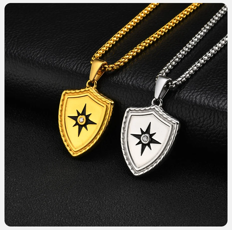 Vnox Edelstahl-Schutzschild-Halskette für Herren, 8-Zackiger Stern-Anhänger mit Weißem Zirkon, Kastenkette in Gold- und Silberfarbe, Punk-Amulett-Geschenk – Detail 5