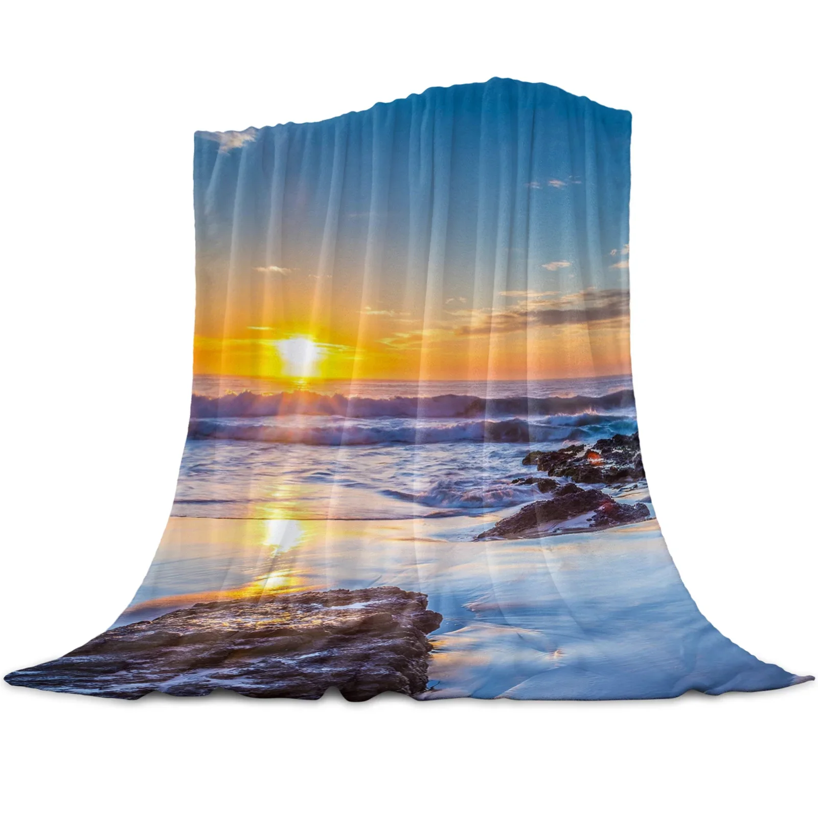 Beach Sunset Ocean Pattern Flannel Throw Blanket Super Soft Cozy Lightweight Warm Sofa Couch Bed Travel Camping Gift Kids Adults