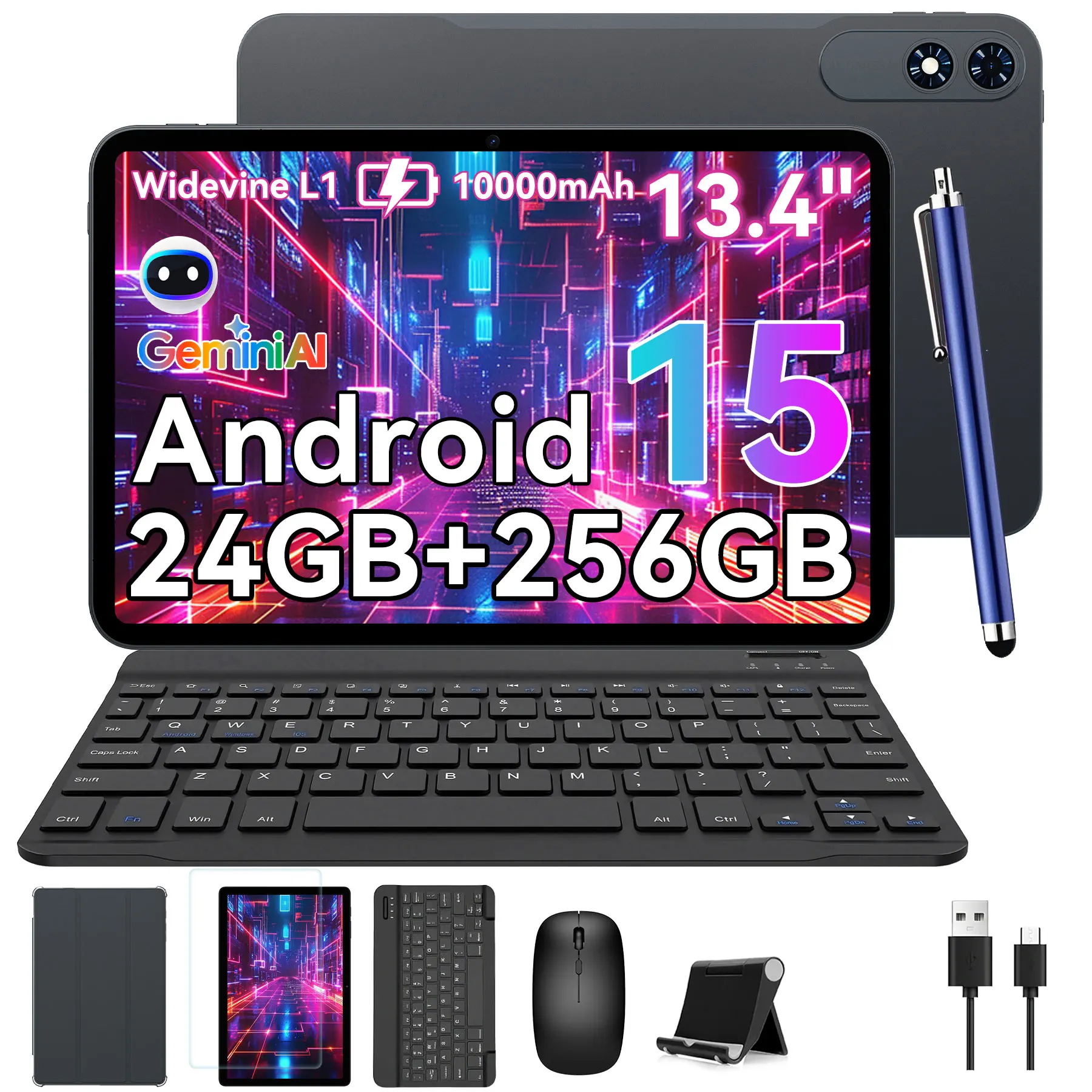 تابلت TABWEE T60 PRO Android 15 مع لوحة مفاتيح - 13.4 بوصة 8 جيجابايت + 256 جيجابايت (2 تيرابايت TF)، Unisoc T7280، 10000 مللي أمبير، 16 ميجابكسل + 8 ميجابكسل، مع ماوس، قلم