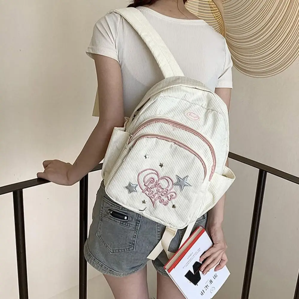 Small Pack Corduroy Backpack Korean Style Solid Color Star Love Shoulder Bag Multiple Pockets Fitness Casual Backpack Gift