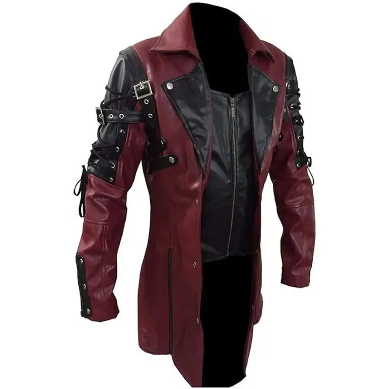 

New Steampunk Men's Gothic Trench Coat Leather Jacket Punk Style Biker Jacke Autumn Winter Motocycle Jacket