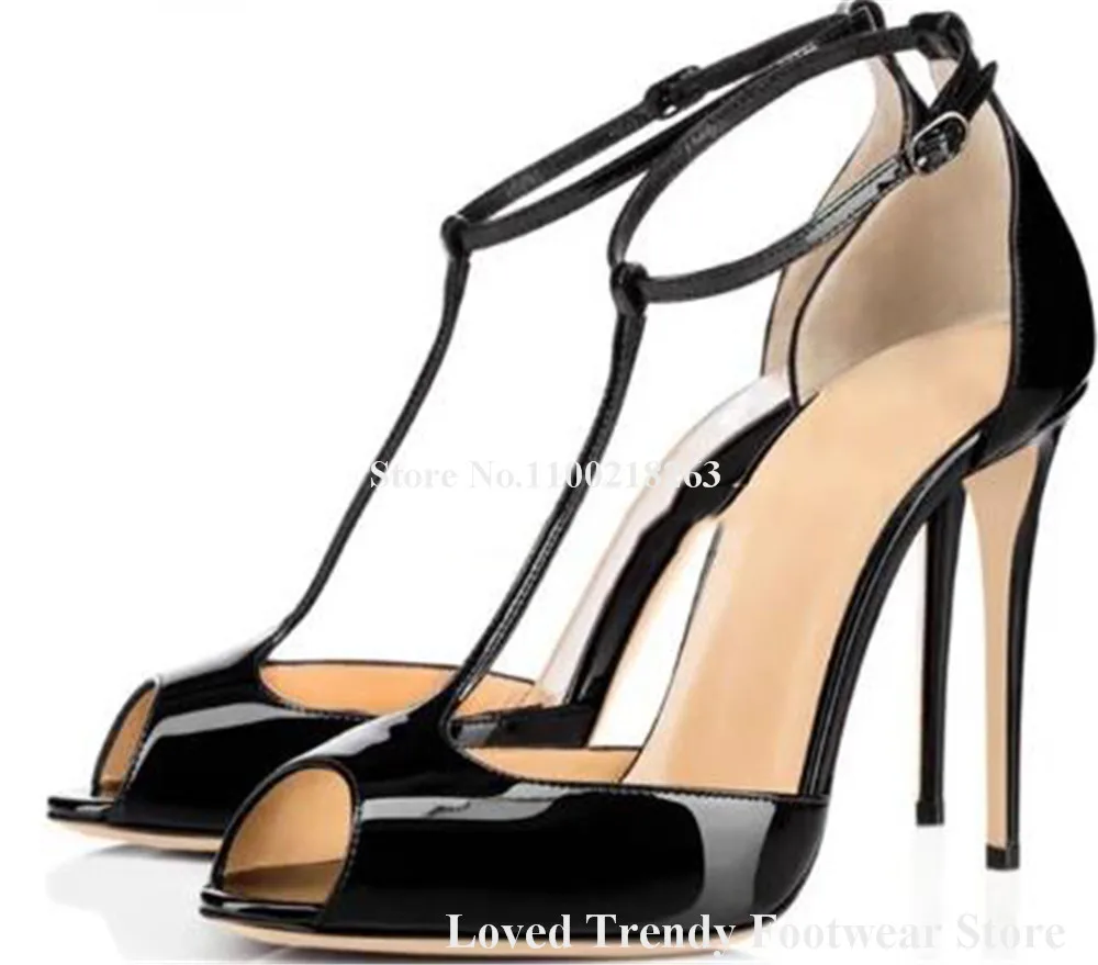 Peep Toe Wine Red Patent Leather Stiletto Heel Sandals Sexy T-straps Beige Black Patchwork Thin Heel Dress Shoes Party Heels