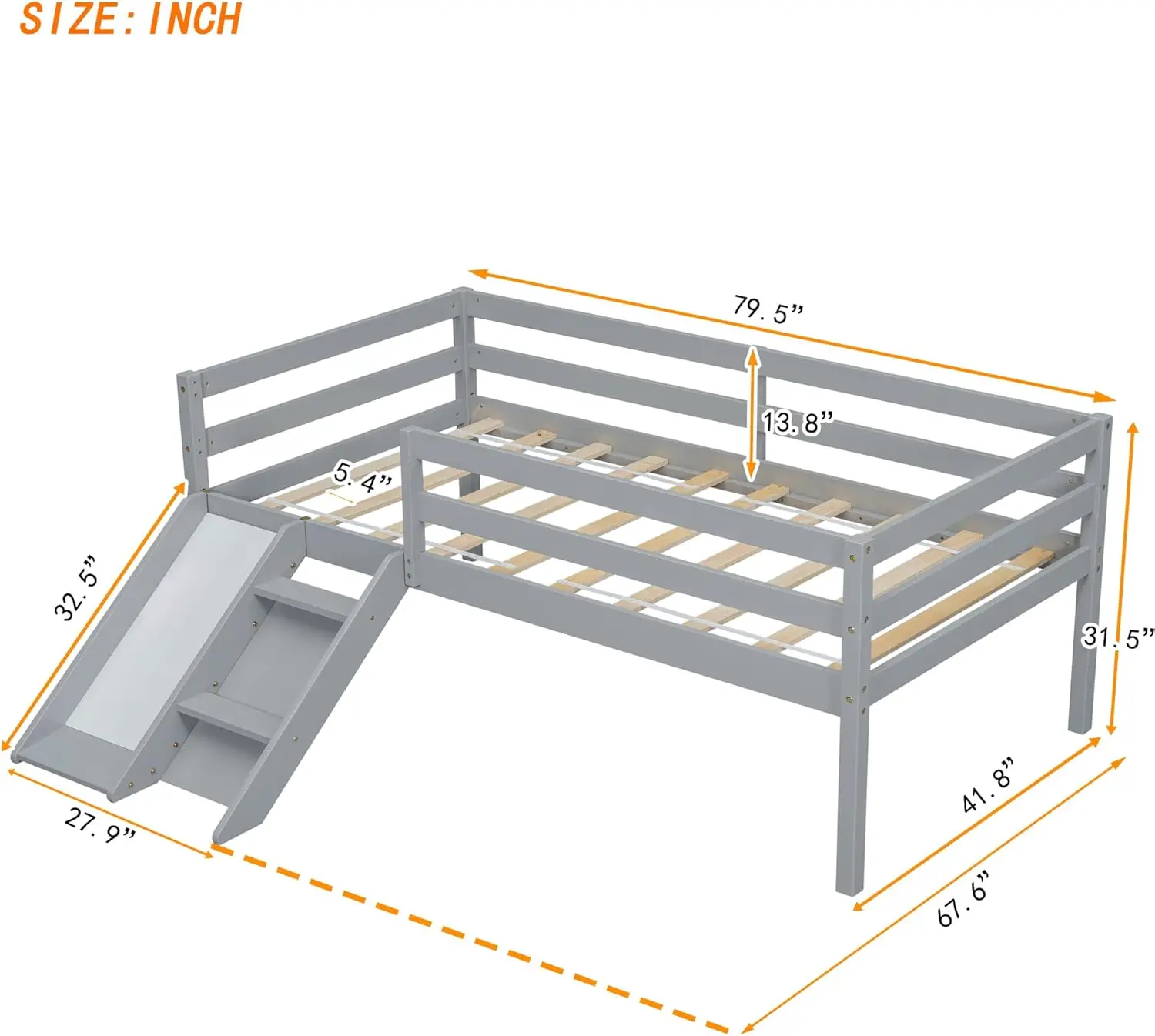 Twin Loft Bed With Slide, Twin Kids Loft Bed With Slide & Ladder, Wood Low Loft Bed Frame With Safety Guardrails, Sturdy Slat