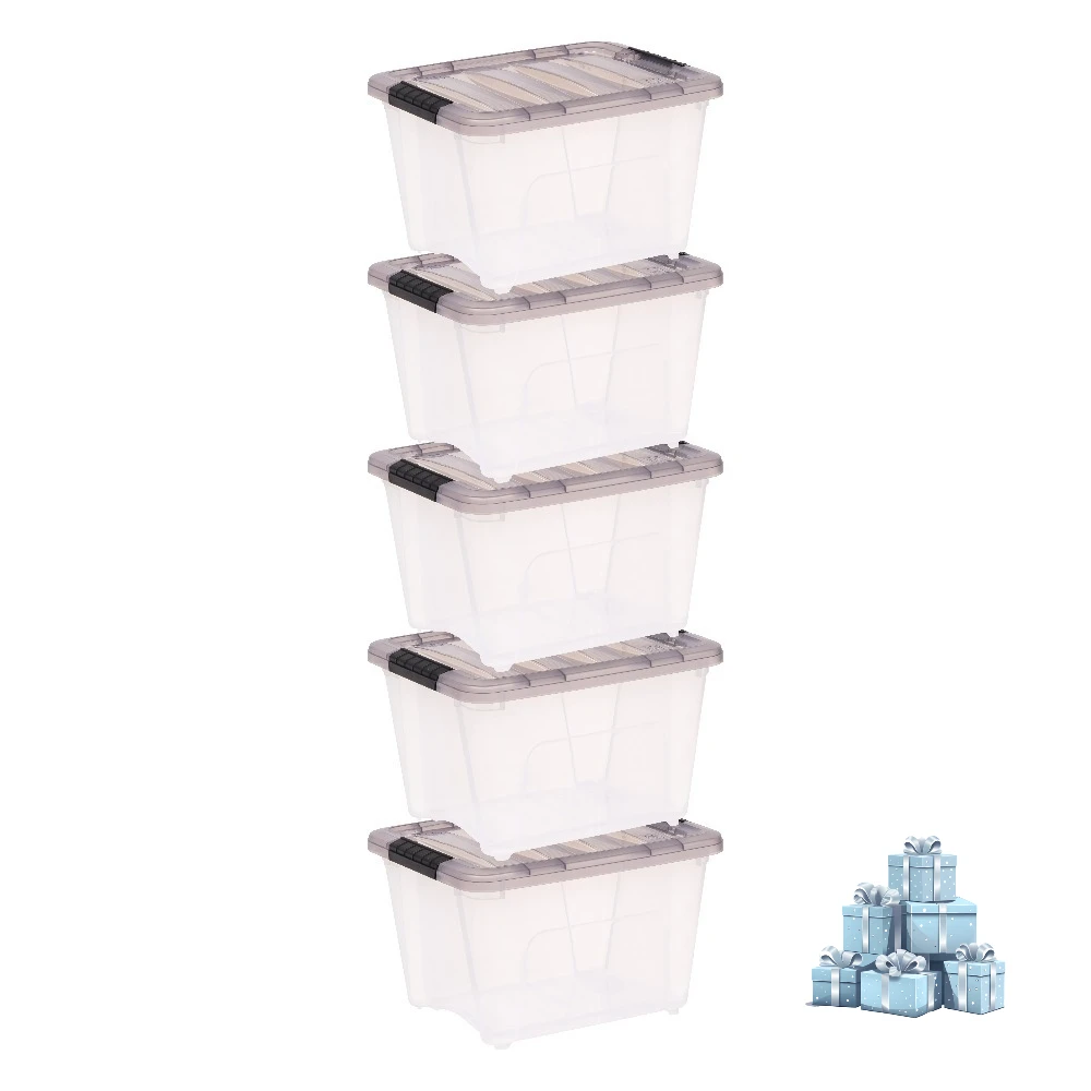 

Набор из 5 прозрачных пластиковых контейнеров для хранения объемом 19 кварт с серыми крышками, складные, выдвижные, для организации пространства в шкафу и дома