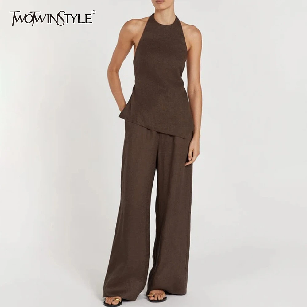 

TWOTWINSTYLE Сексуальный комплект из двух предметов для женщин с лямкой на шее и шнуровкой сзади, топ с высокой талией, прямые брюки, женский костюм для девочек