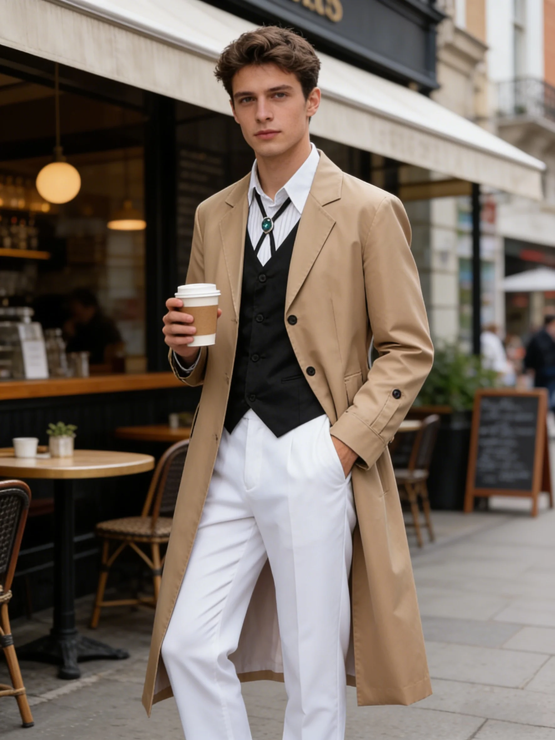 

Male brown and white 3-piece role-playing set (windbreaker, vest, shirt) with British gentlemanly style, long pants windbreaker,