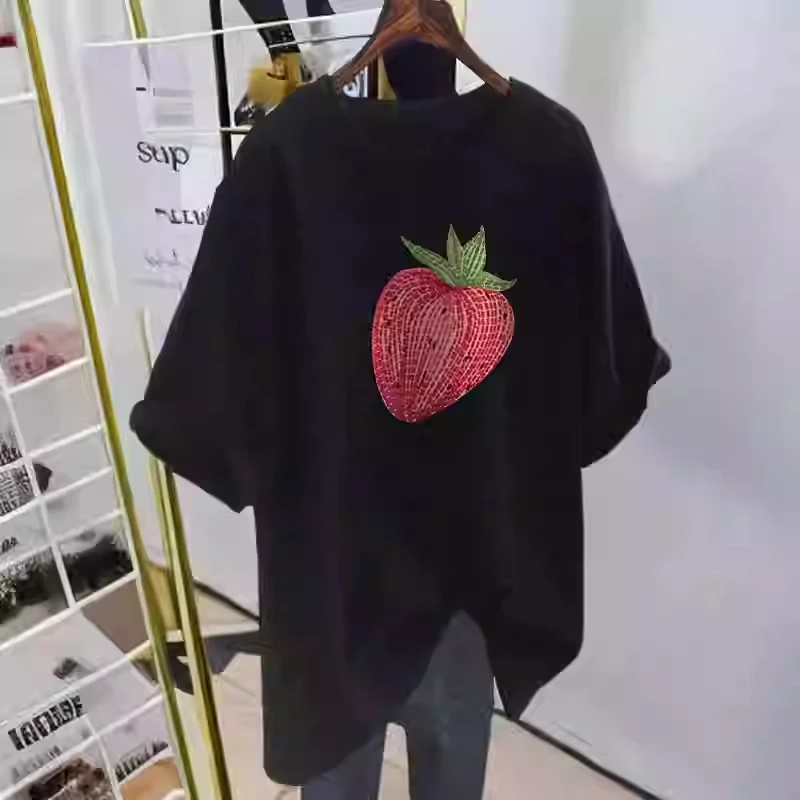 Summer Women's Short Sleeve Top Strawberry Printed O-neck T-shirt Korean Loose Versatile Cotton Couple's Tees Oversized S-3XL ﻿