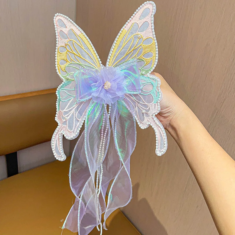 2025 New Cute Big Bow Princess Style Girl Woven Hair Strap Hair Clip and Long Tail Metal Spring Buckle Hair Clip