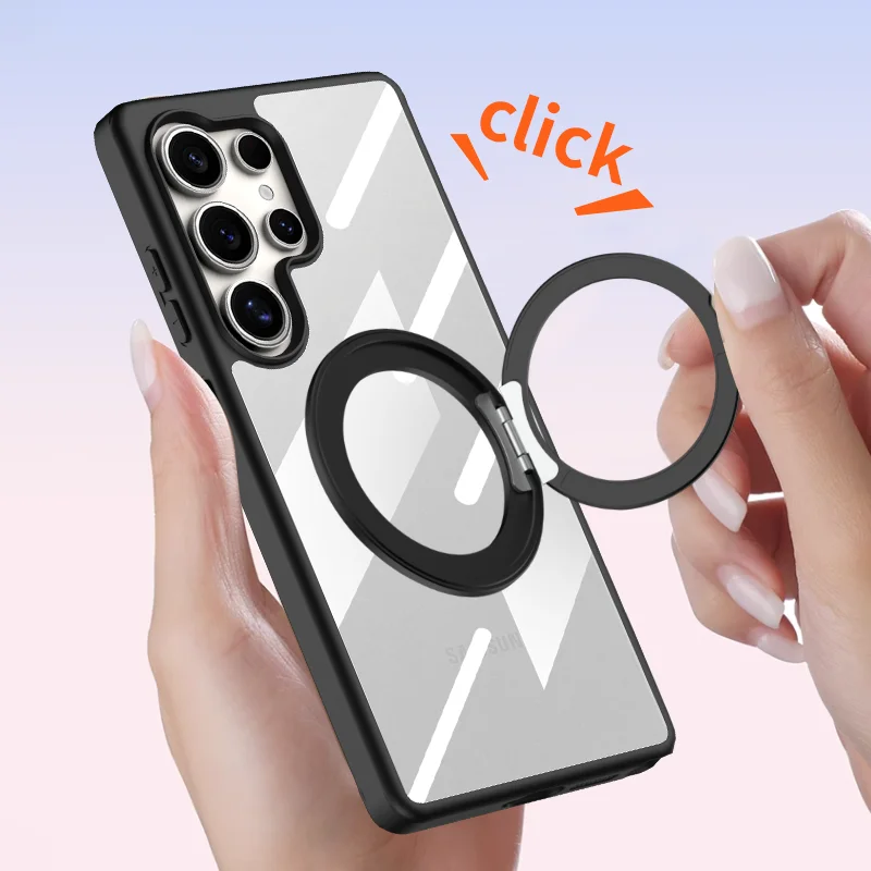 Transparent Hard PC Phone Cover For Samsung Galaxy S25 S24 S23 S22 Ultra Plus Case with Rotating Bracket