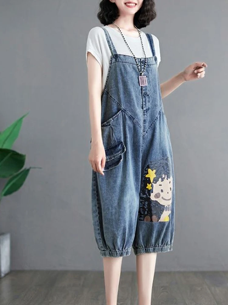 DENIM Jumpsuits ผู้หญิงวินเทจเกาหลีสไตล์ One Piece ชุดลําลอง Cropped Rompers พิมพ์โคมไฟกางเกงยีนส์ฤดูร้อนเสื้อผ้าผู้หญิง