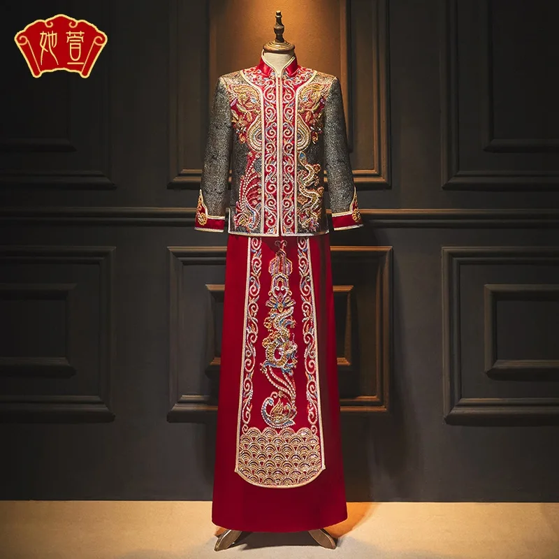 

Asia Groom Show Dress Chinese Wedding Ceremony Men's Toasting Costume Summer Groom Wedding Embroidery Dragon Jubilant Robe Men