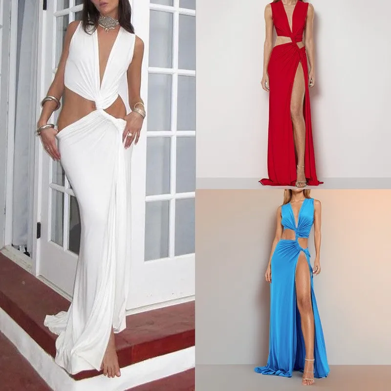 

Elegant Party Dress Women's Long Red V Neck Sleeveless Dresses Asymmetrical Hem Maxi Dress Deep V Cut Out Waist Evening Dress