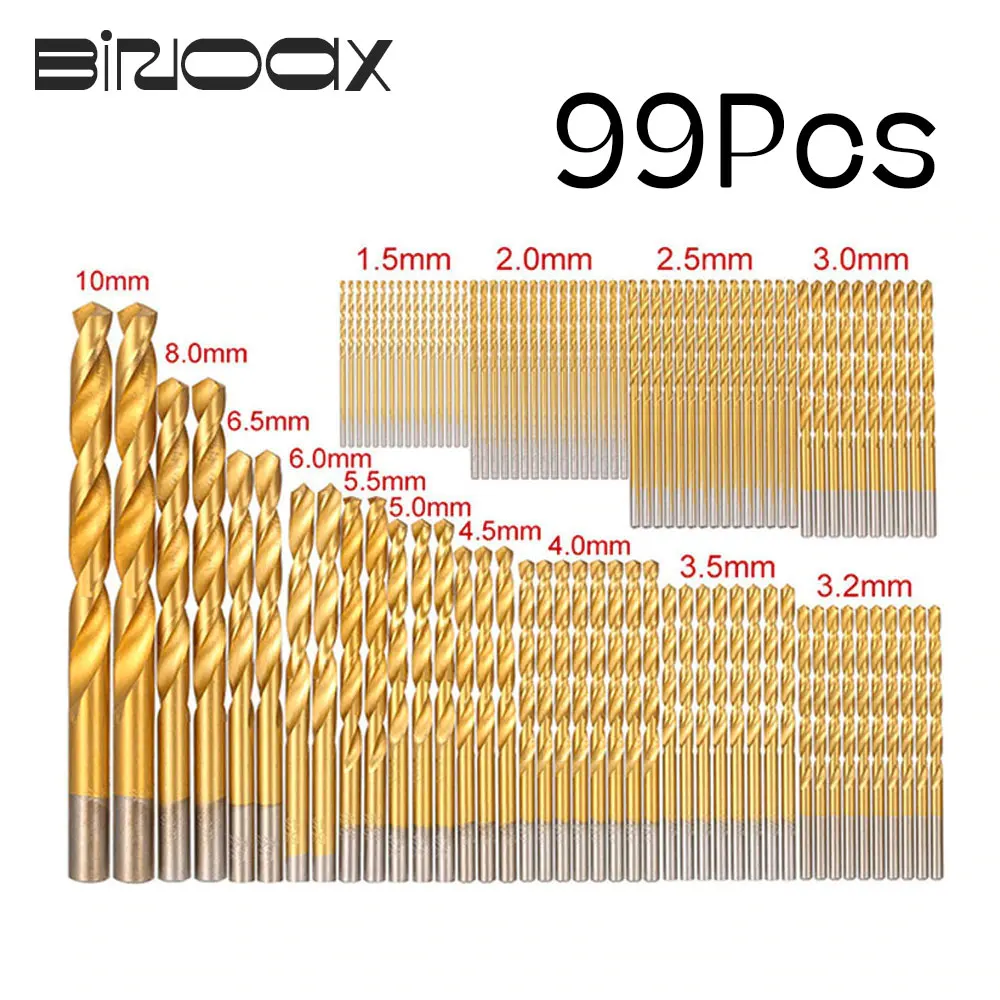 

Набор спиральных сверл, 99 шт., защита от коррозии, высокая скорость, сталь, титановое покрытие, посадка сверл