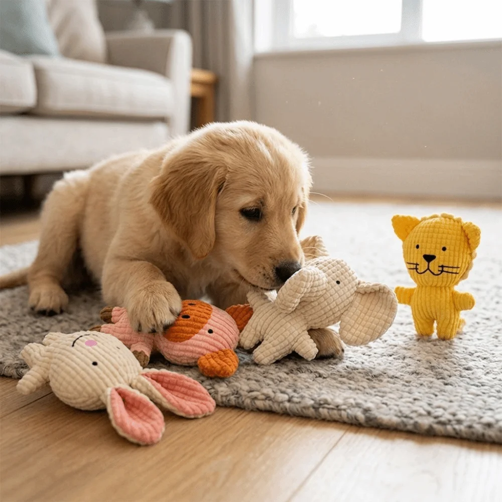 Washable Soft Fabric Dog Toy Reinforced Seam Animal Shape Molar Pet Toy Light Weight Multi Color Squeaky Chew Toy Indoor Play