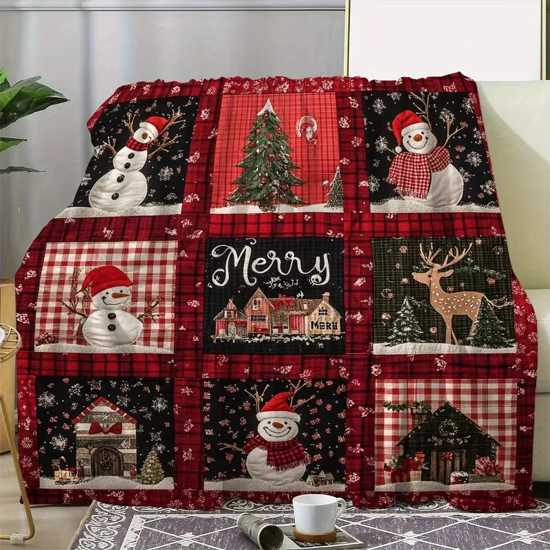 Weihnachts-Flanelldecke – kariertes Schneemann-Rentier-Design, warmes Weihnachtsgeschenk für Zuhause