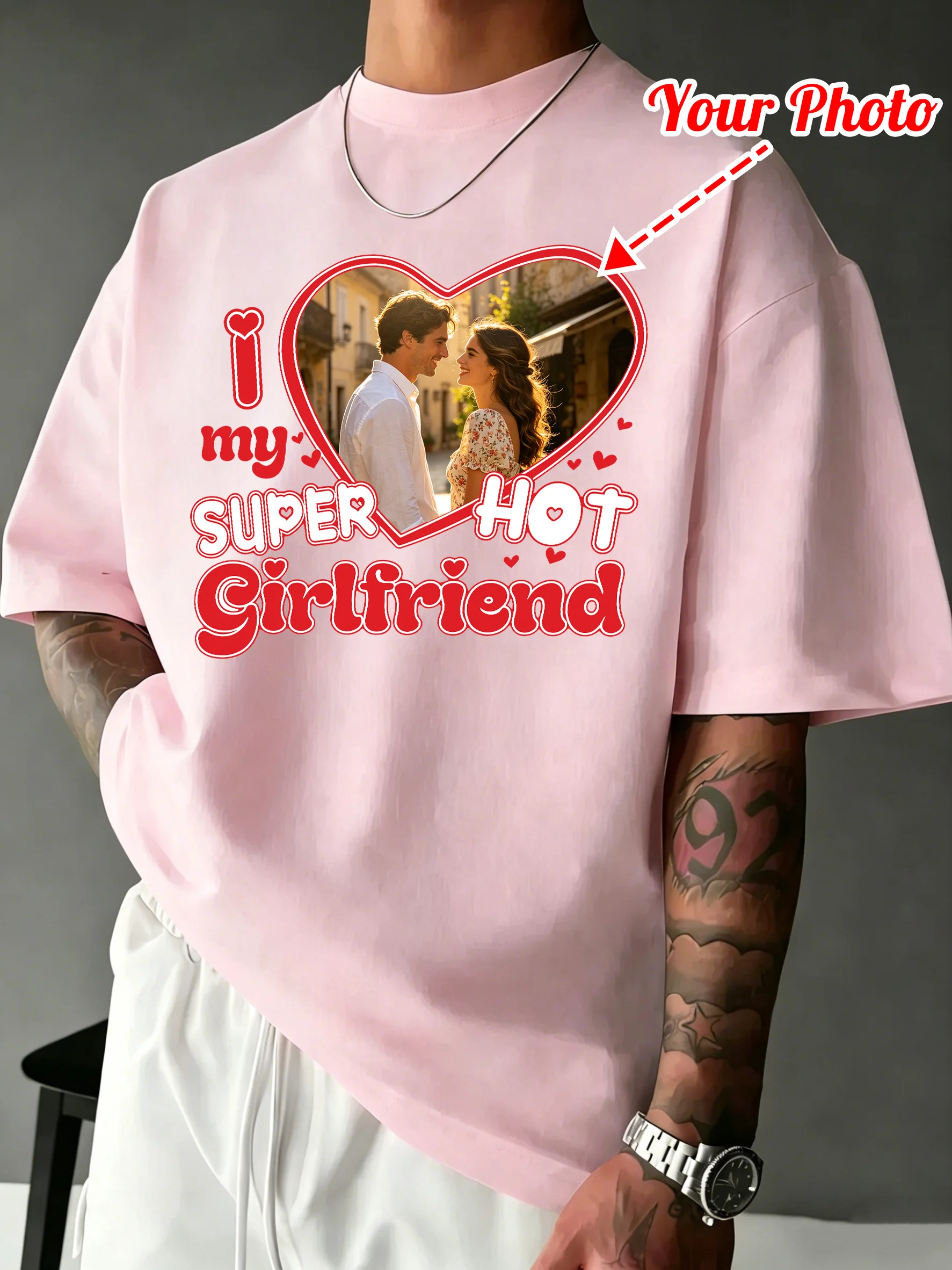 I Love Couple Personalized Customized Fashion New Cotton Short Sleeve Comfy Street All-Match Mens T-Shirt Sport Daily Loose Tops