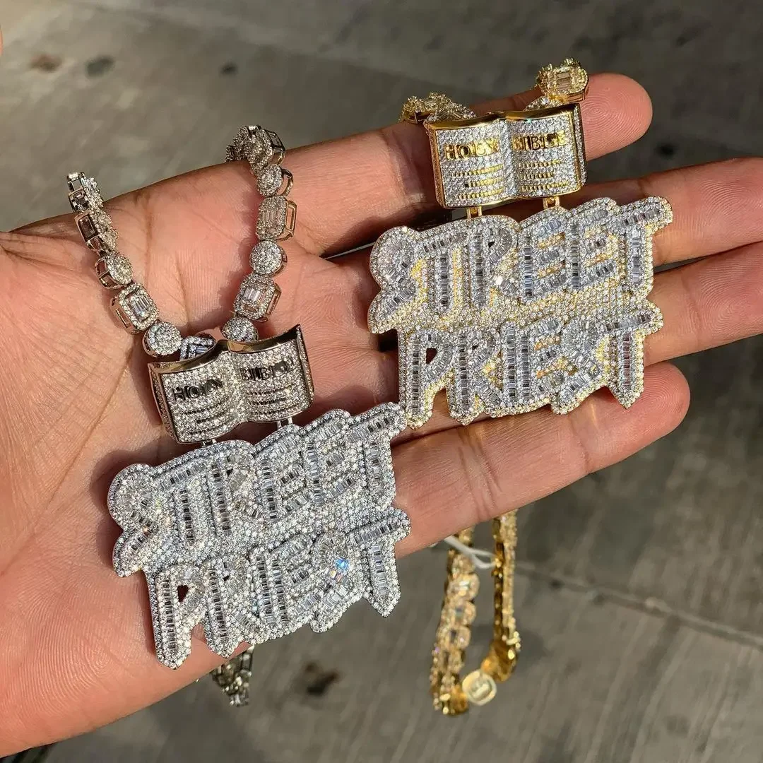 

2024 New Arrived Iced Out Bling 5A Cubic Zircon Street Priest Letter Pendant Men BOY Necklaces With Hip Hop Rope Chain Jewelry