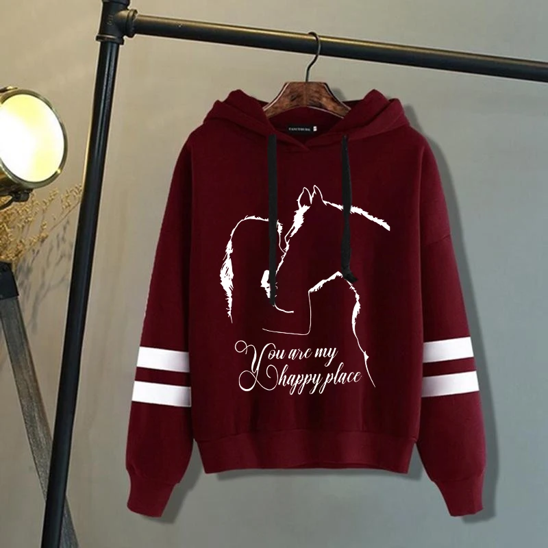 Horse And Girl You Are My Happy Place Printing Hoodie Pullovers Tops Autumn and winter stripes Long Sleeve Sweatshirt
