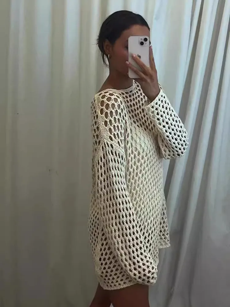 

BKLD Sexy Hollow Out Knitted Tops Fashion Solid Color 2026 Summer Beach Vacation Outfits Long Sleeve Cover-Ups Women Clothing