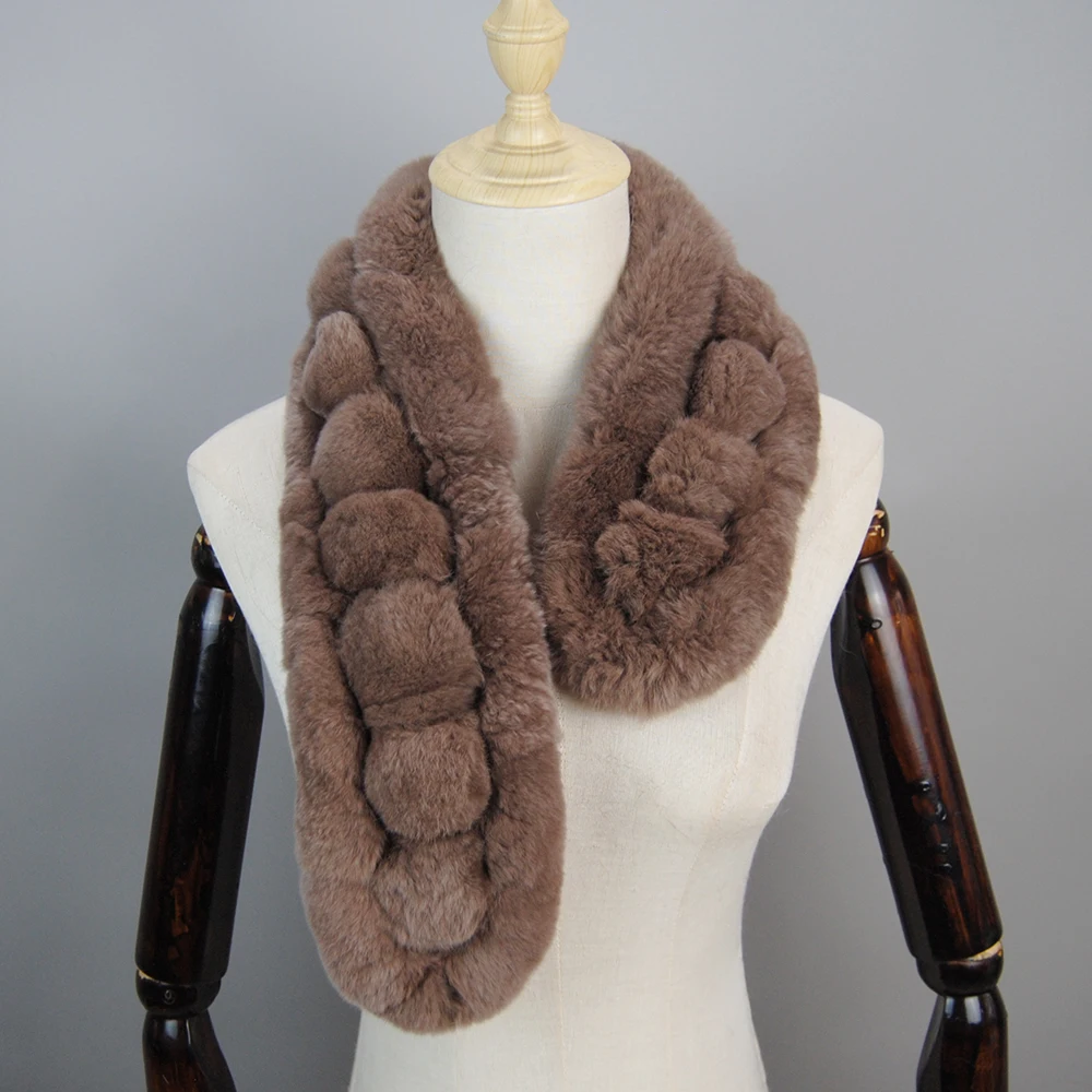 Hot Sale Autumn Lady Warm Pom Pom Scarf Handmade Neck Warmers Winter Women's Genuine Real Rex Rabbit Fur Neck Rings Muffler