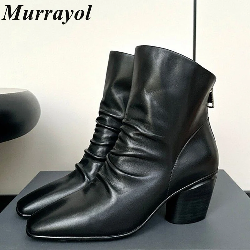 

Square Toe Genuine Leather Thick Heel Chelsea Boots Women Wrinkle Design Short Boots Spring Autumn Rear Zipper Modern Booties