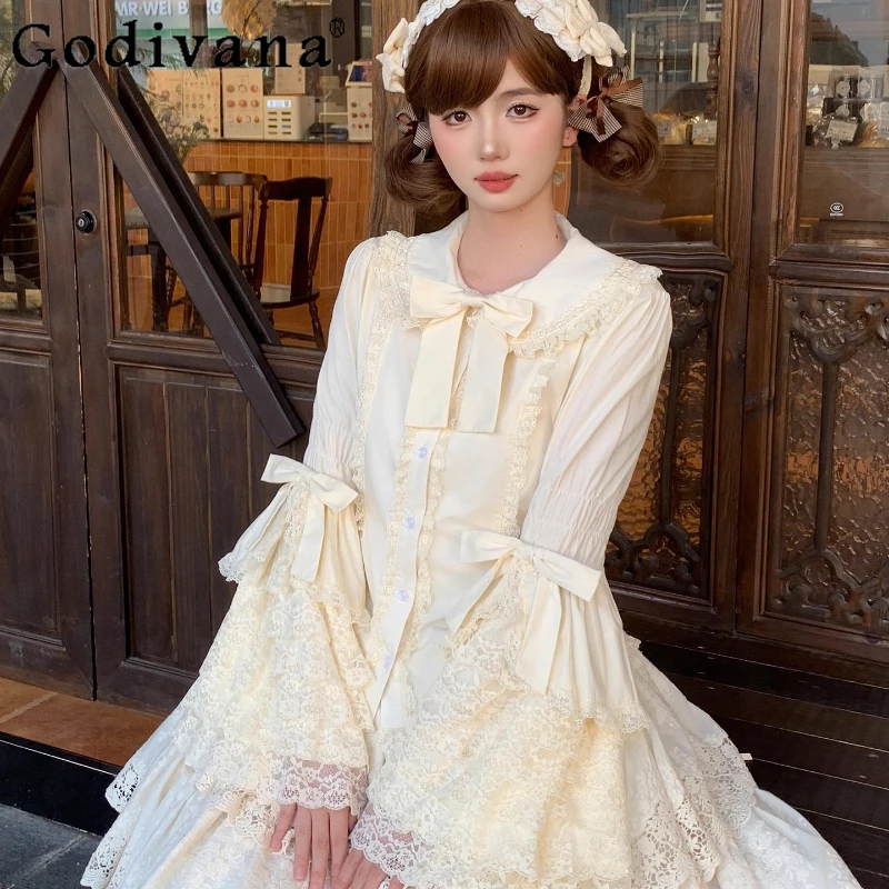 

Spring Autumn Lolita Inner Wear Shirt for Women Slim Fit Gothic Lolita Blouses Female Oversized Lace Sleeve Sweet Shirt Top