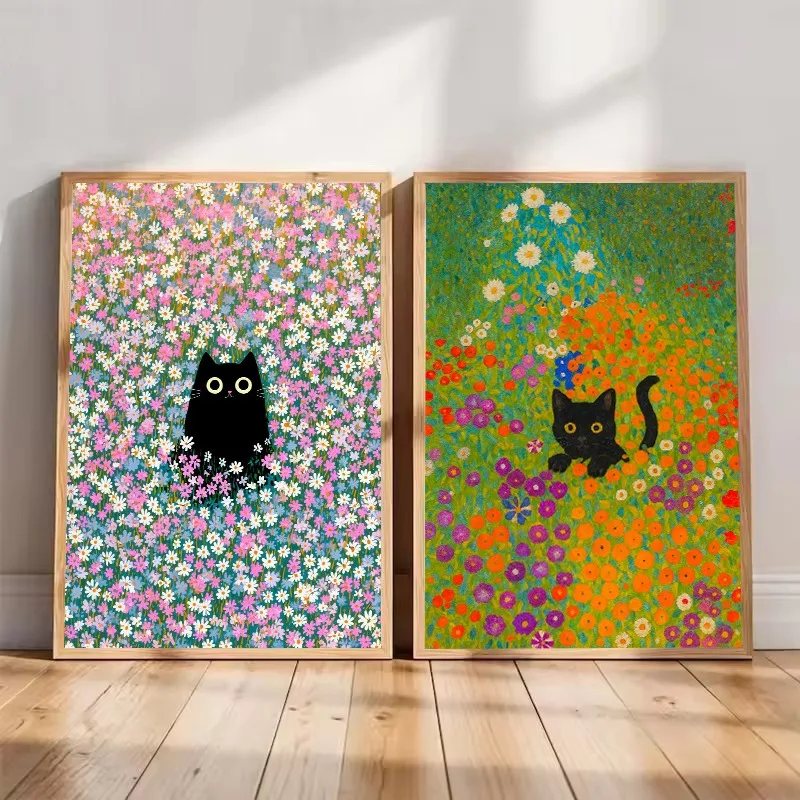 Vintage Klimt Inspired Black Cat Colorful Field of Flowers Illustration Poster Canvas Painting Wall Art Pictures Home Decor