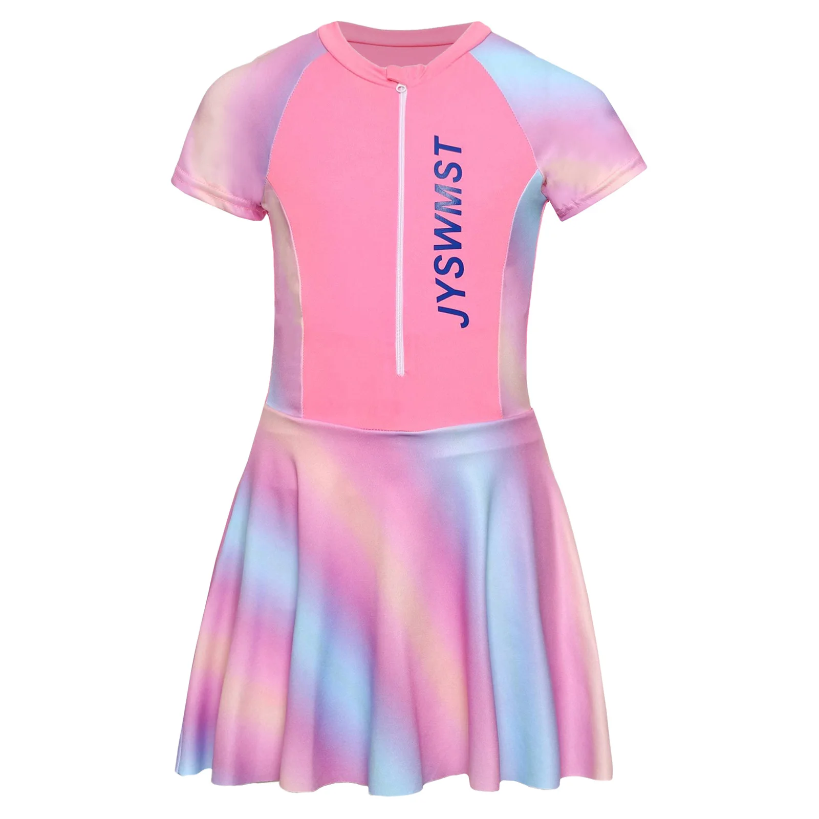 Moda meninas vestido de natação de uma peça manga curta cor bloco maiô com almofadas no peito zíper frontal e shorts de segurança beachwear