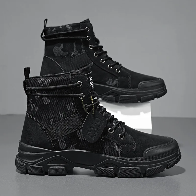 

Men's Camouflage High Top Boots Comfortable Sneakers Outdoor Hiking Shoes for Men Non-Slip Durable Lace-Up Platform Work Boots