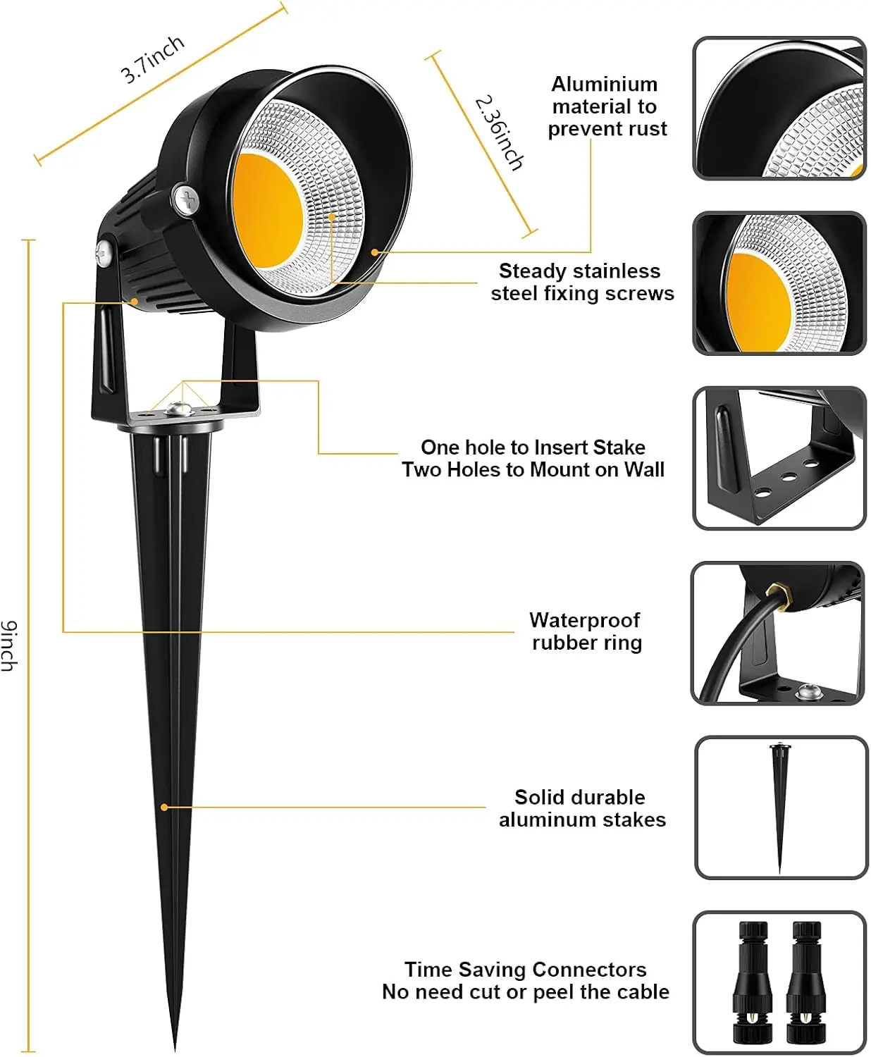 ไฟ LED สำหรับจัดสวน 10W, สปอตไลท์กลางแจ้ง 12V พร้อมขั้วต่อ, แสงสีขาวอบอุ่นกันน้ำ (14 แพ็ค)