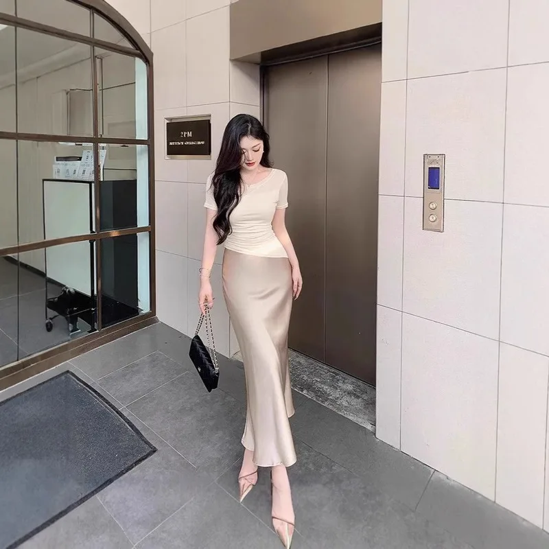 

Champagne High-End Midi Skirt Summer New Silk Satin Fishtail Long Flowy Skirt Acetate-Like Fabric Luxurious Comfortable