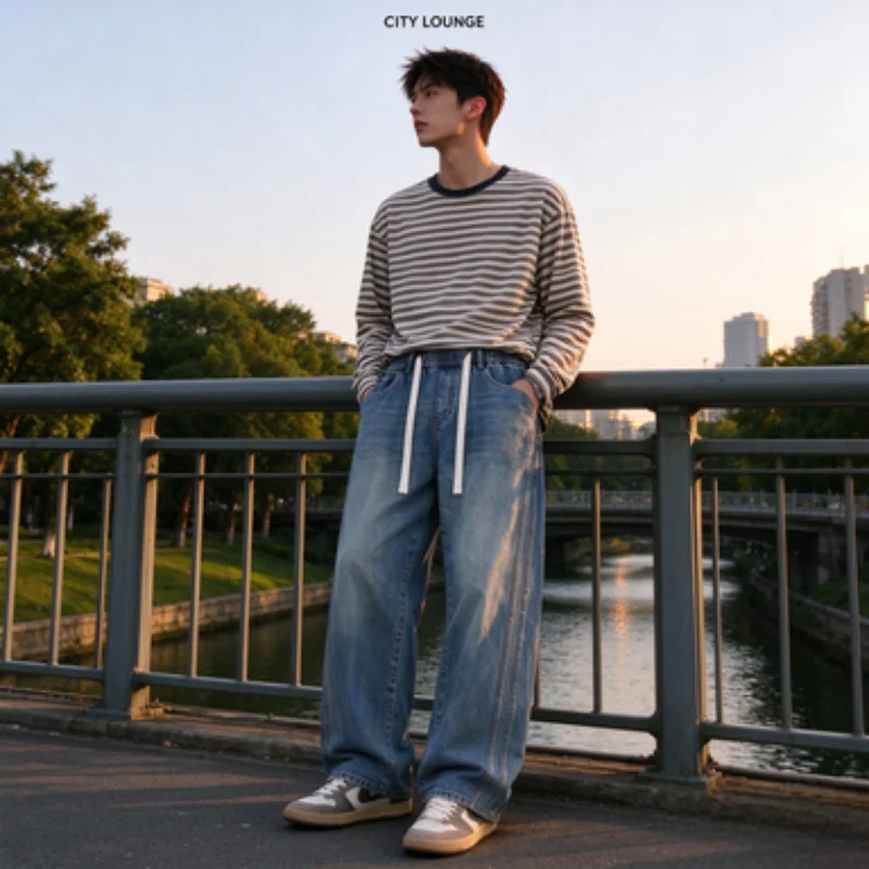 Men's Elastic High-Waisted Straight-Leg Jeans, American-Style Washed Vintage Five-Pocket Design, Slimming and Versatile