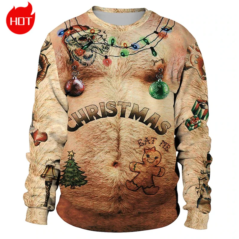 

Vintage 3D Merry Christmas Printed Sweatshirts Reindeer Christmas Ornaments Graphic Ugly Christmas Sweatshirts Mens Clothing Top