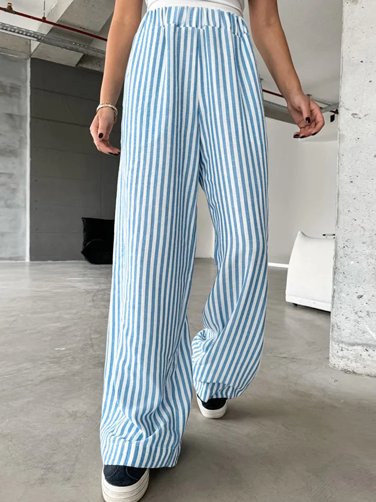 MSCSZ Blue Striped Casual Pants For Women Elastic Waist Wide Pants 2024 New In Stylish Full Length Trousers