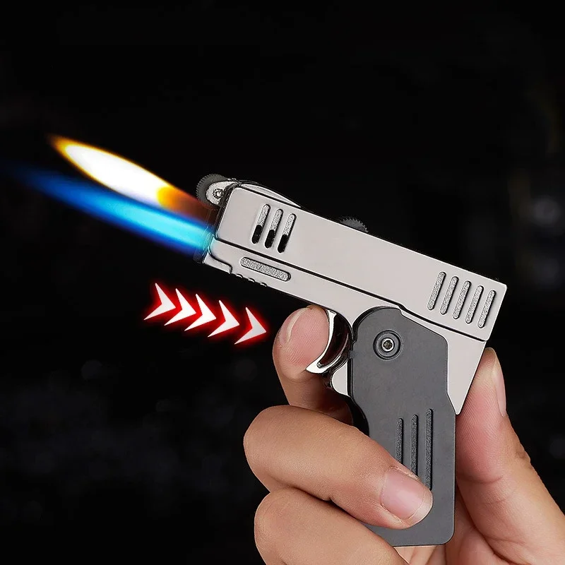 2024Metal Double Fire Deformation Pistol Butane Gas Lighter Free Fire Jet Torch Windproof Cigarette Flint GrindingWheel Lighters