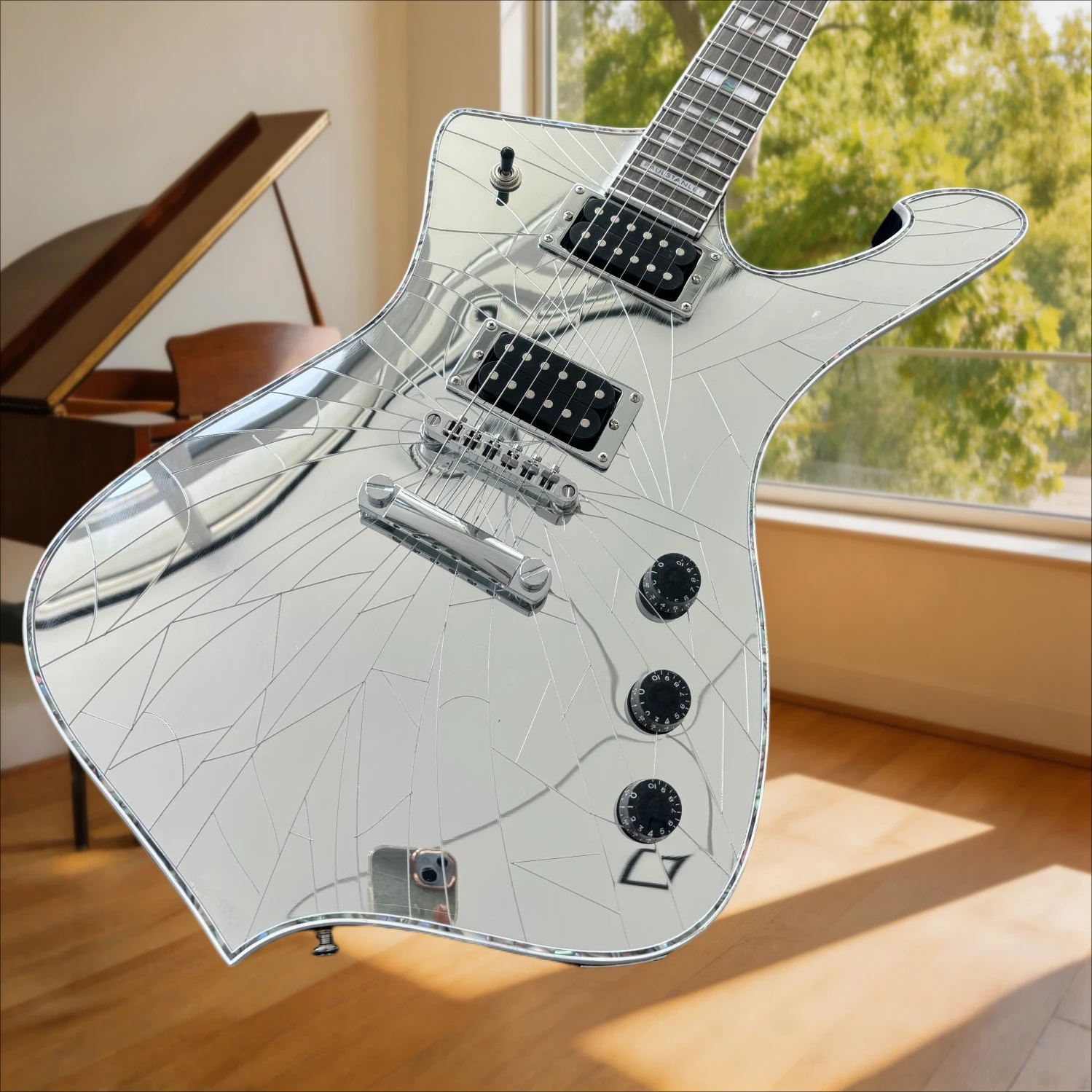 PS10-Free Shipping Crack Mirror Electric Guitar Silver HH Pickup 24 Frets Beginner Friendly Great Gift Band Smooth Play