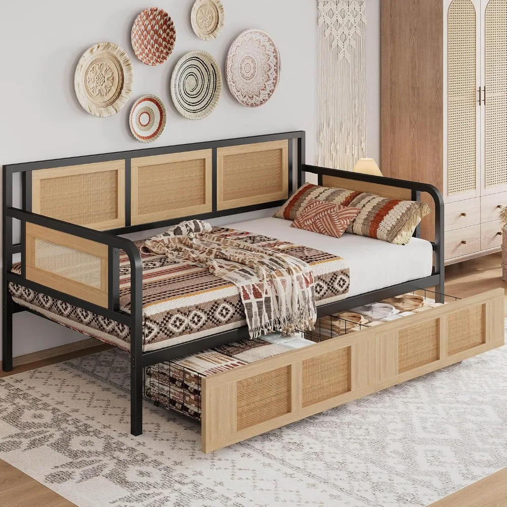 Twin Daybed, Day Bed Frame with Storage Drawers, Rattan Boho Corner Bed Frames with Strong Supports, Sofa DayBed for Living